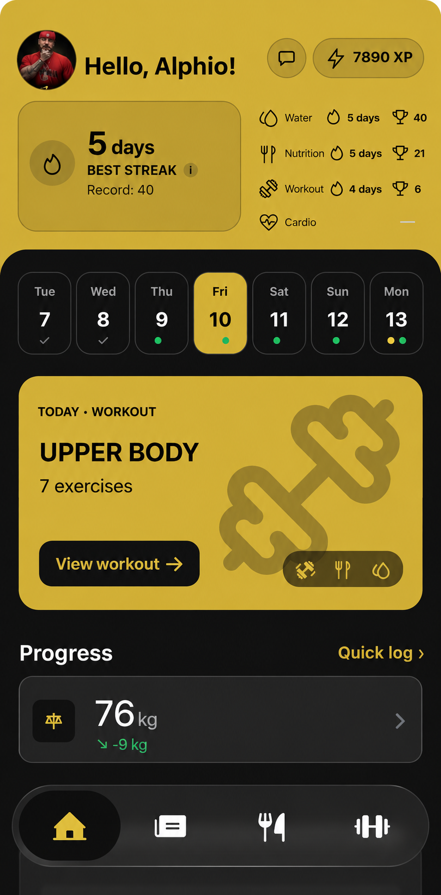 Home dashboard with streaks, XP and today's workout