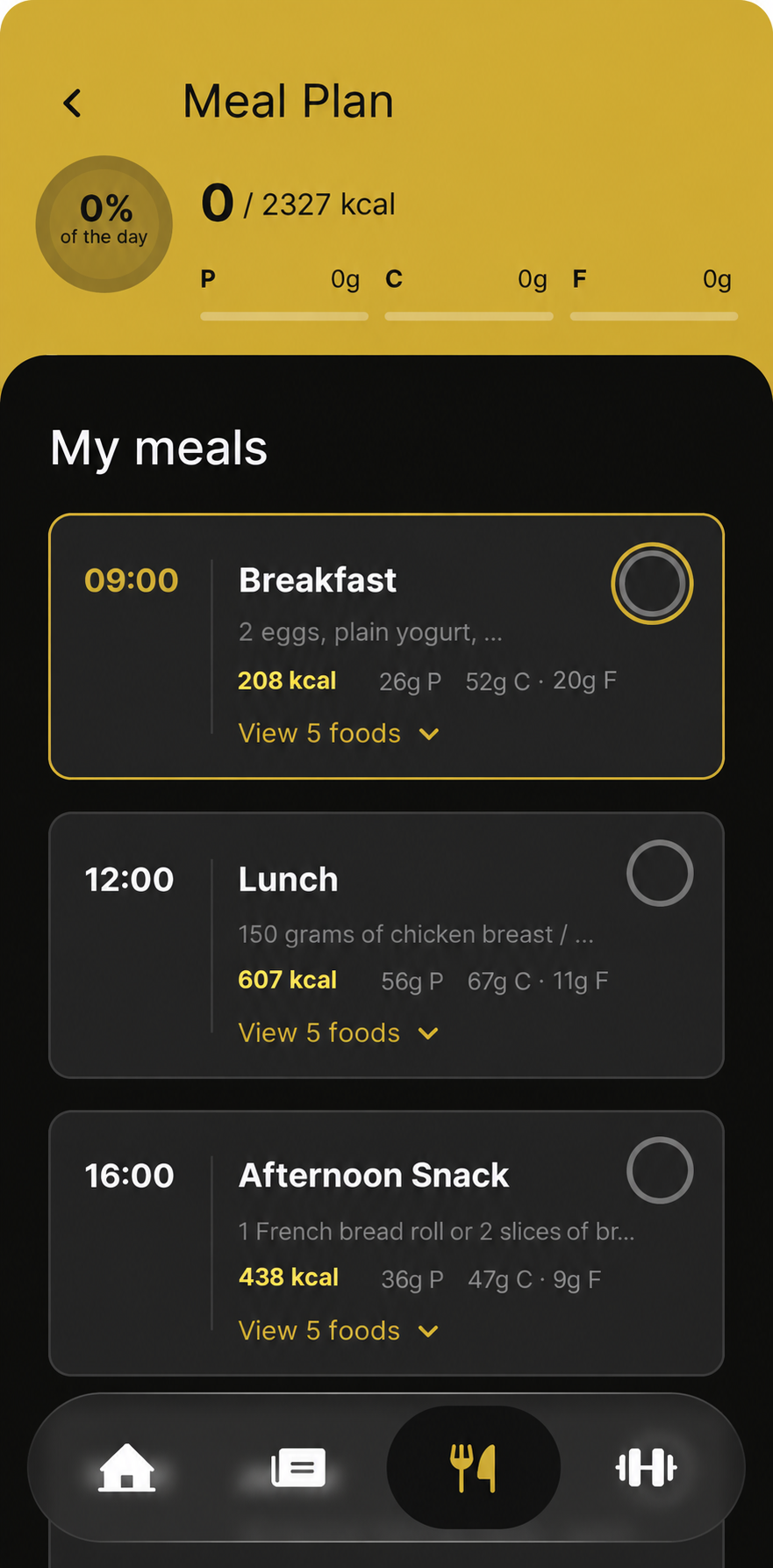 Meal plan screen with calories and macros