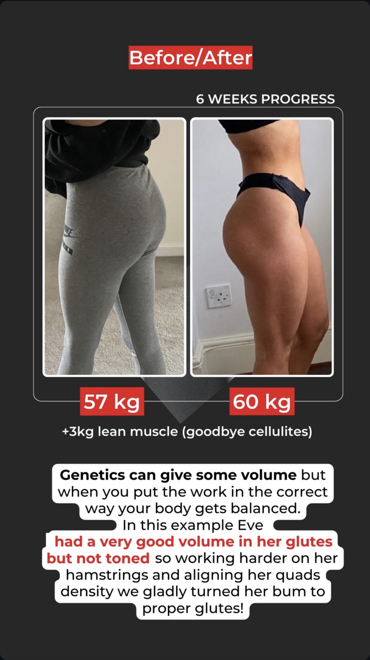 Female client glute transformation, 6 weeks, 57kg to 60kg
