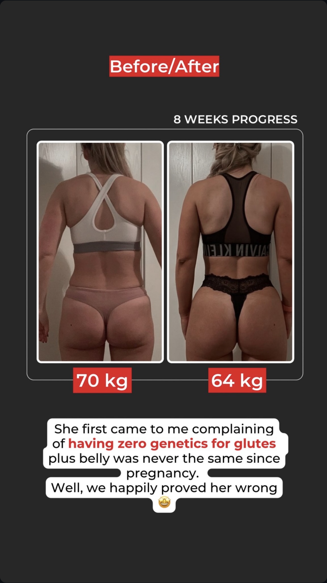 Female client transformation back view, 8 weeks, 70kg to 64kg